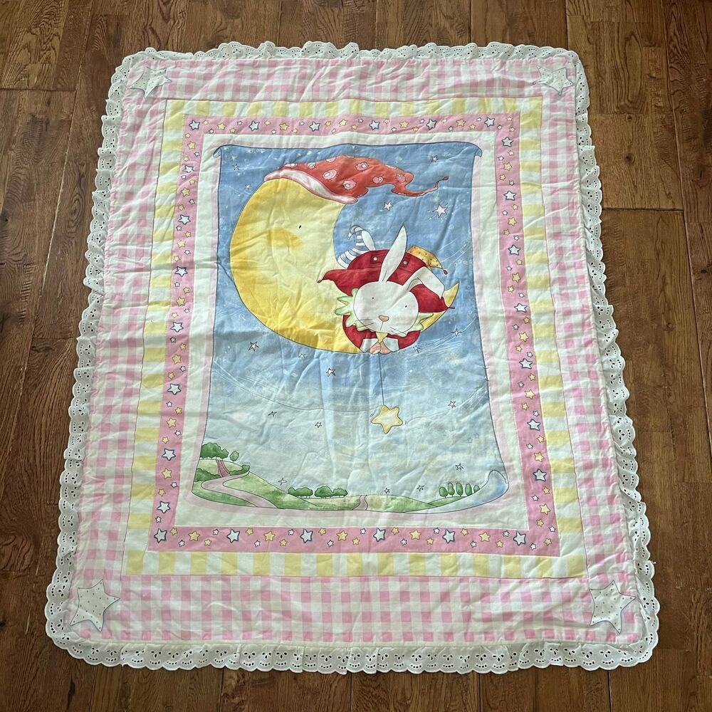Vintage Bunny & Moon 90s Yellow Ruffled Baby Quilt